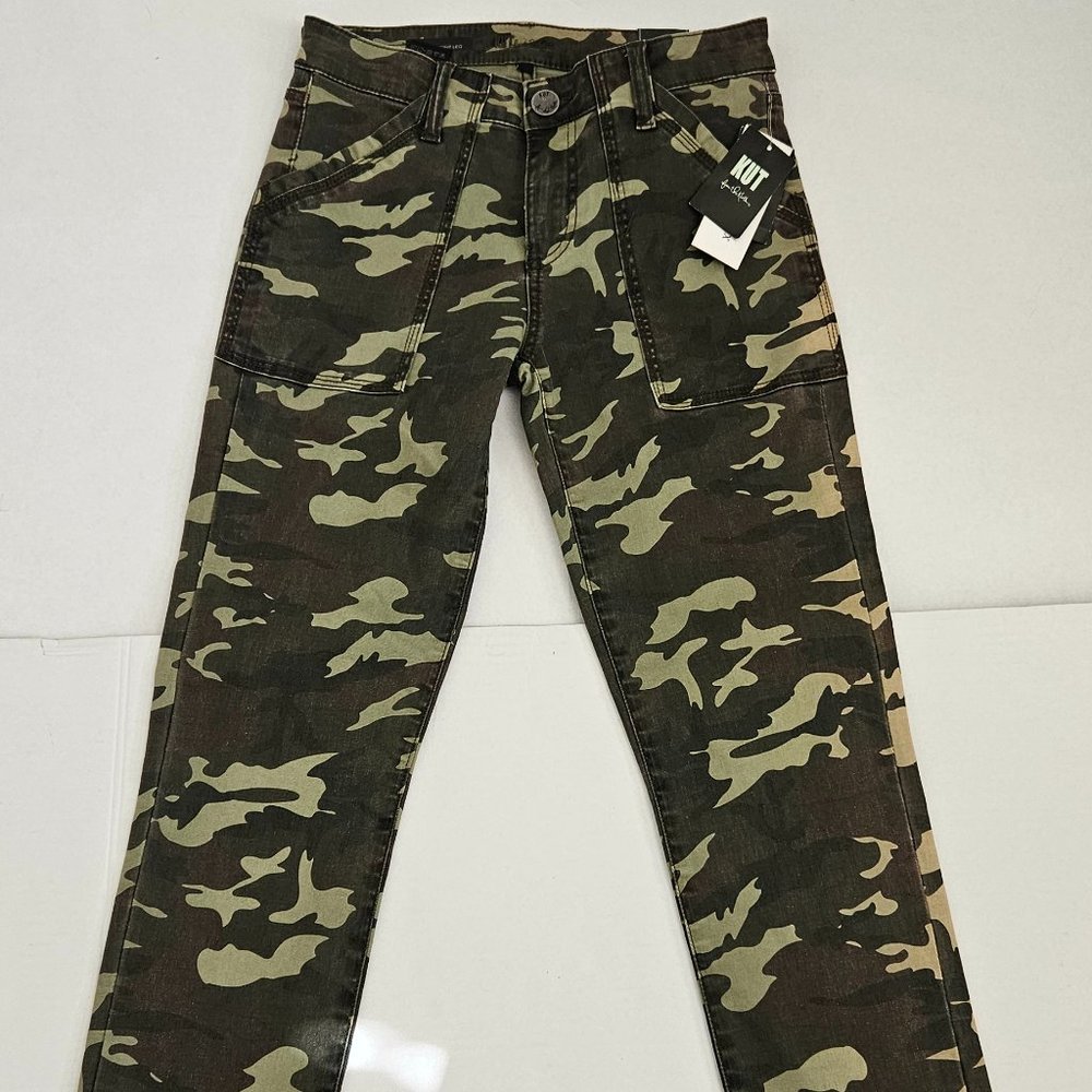 Kut From The Kloth Connie Skinny Cropped Jeans-Raw Hem-Olive Camo -Size 0- NWT